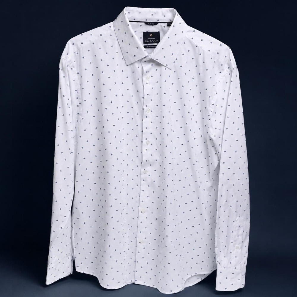 Ben Sherman Slim Fit Long Sleeve Shirt White Black Polka Dot 17.5 34/35